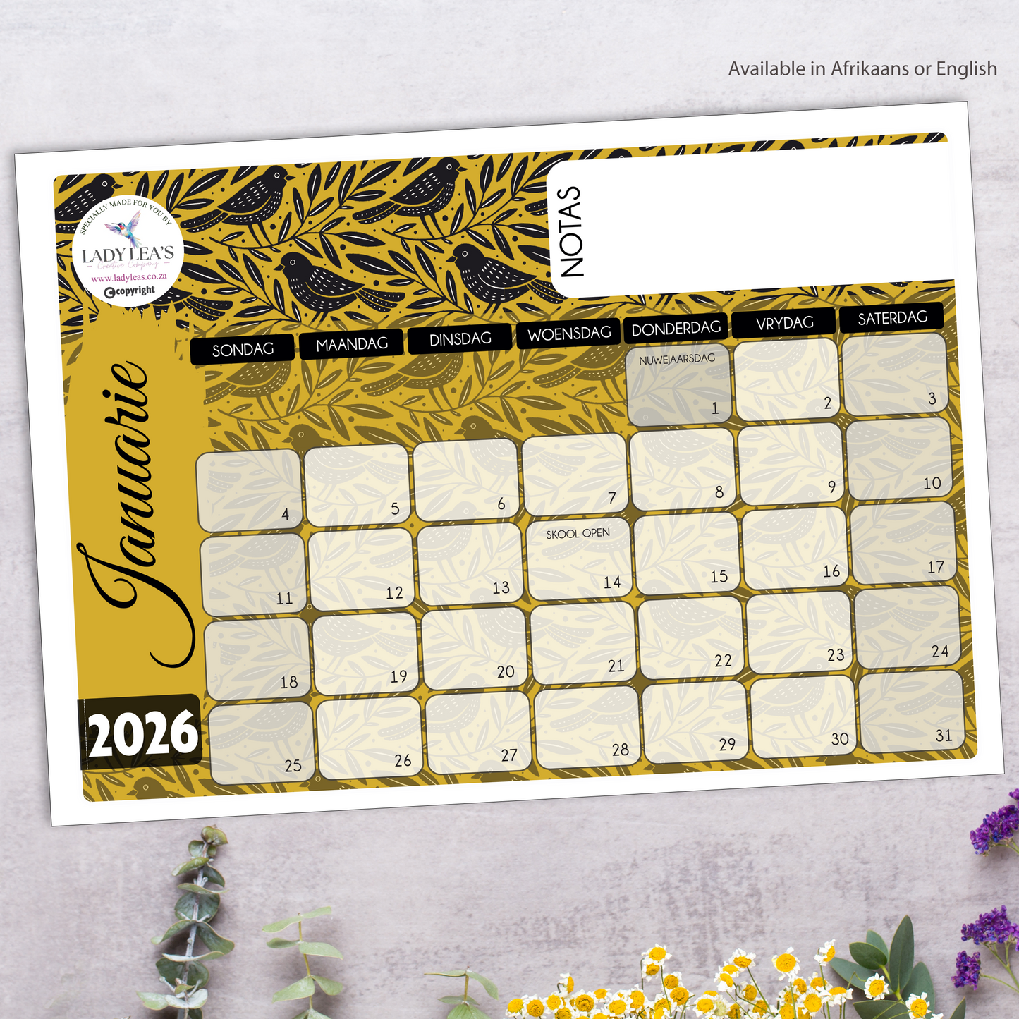 BIRDS PATTERN MUSTARD DESKPAD 2026