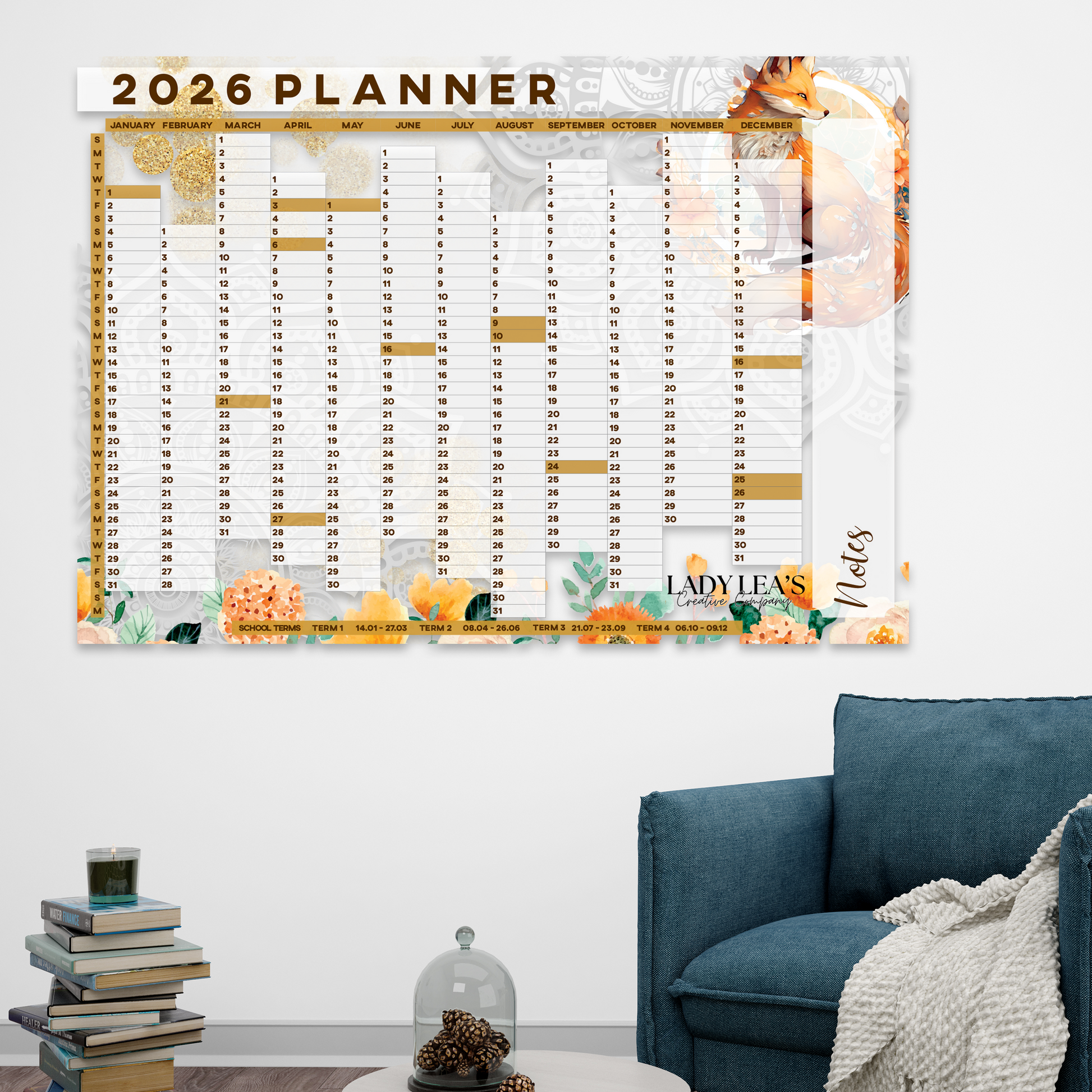 MANDALA FOX WALL CALENDAR 2026