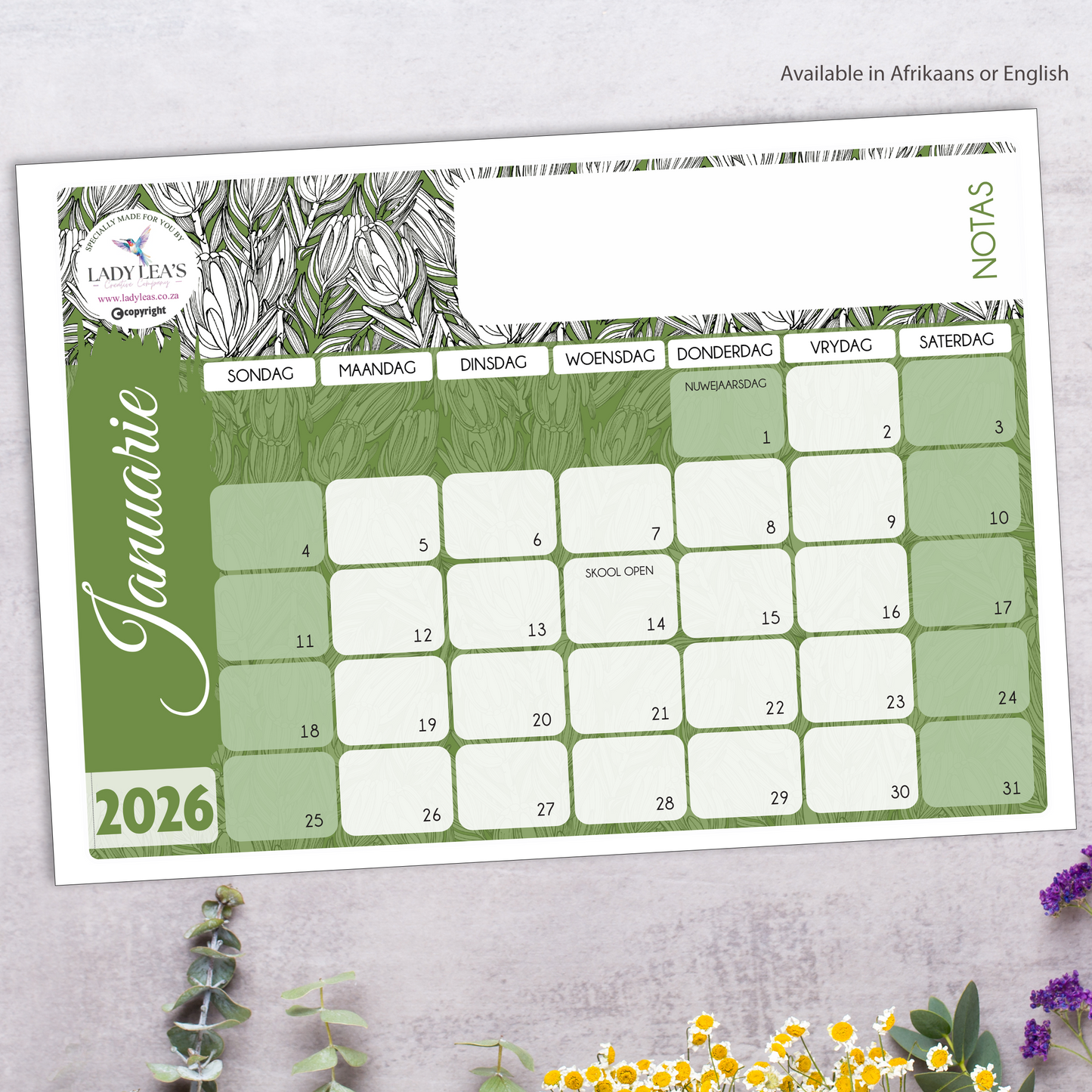 PROTEA GREEN OUTLINE DESKPAD 2026