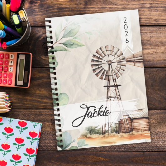 WATERCOLOR WINDPOMP AND EUCALYPTUS TEACHER PLANNER 2026