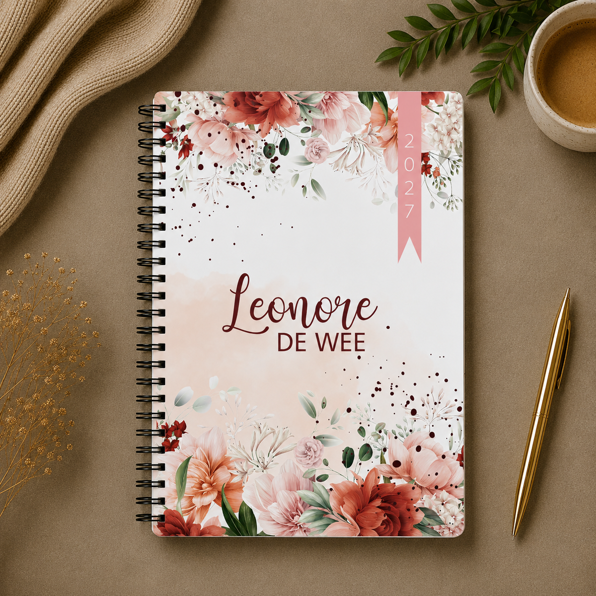 FINE FLORAL RED AND GREEN 1 DAY DIARY 2027