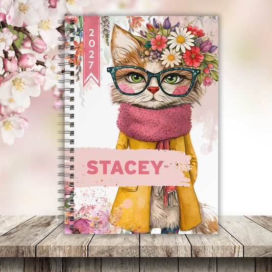 Custom cover diary  with a cat illustration wearing glasses and a scarf 2027 Diary