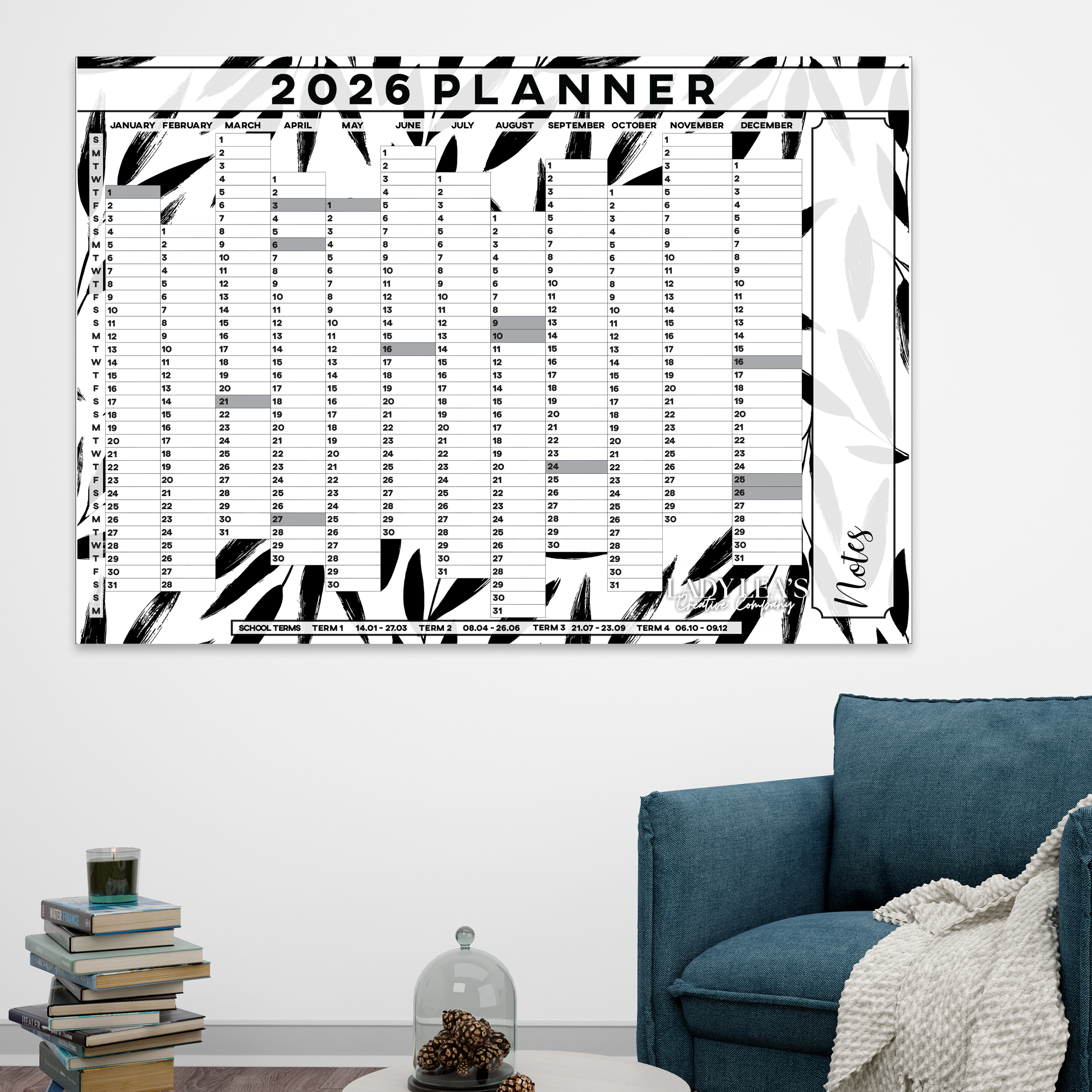 BLACK LEAVES WALL CALENDAR 2026