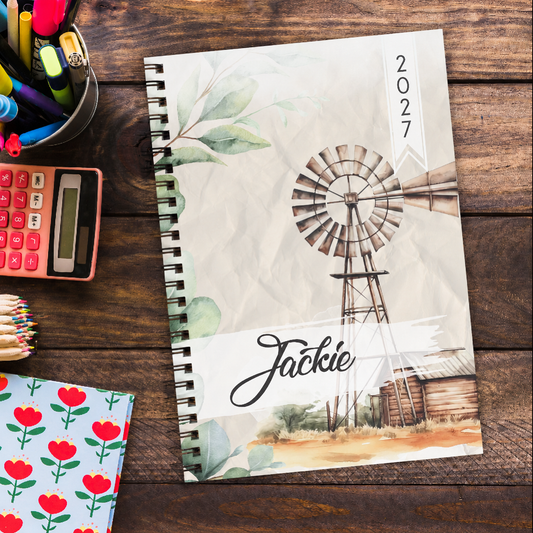WATERCOLOR WINDPOMP AND EUCALYPTUS TEACHER PLANNER 2027