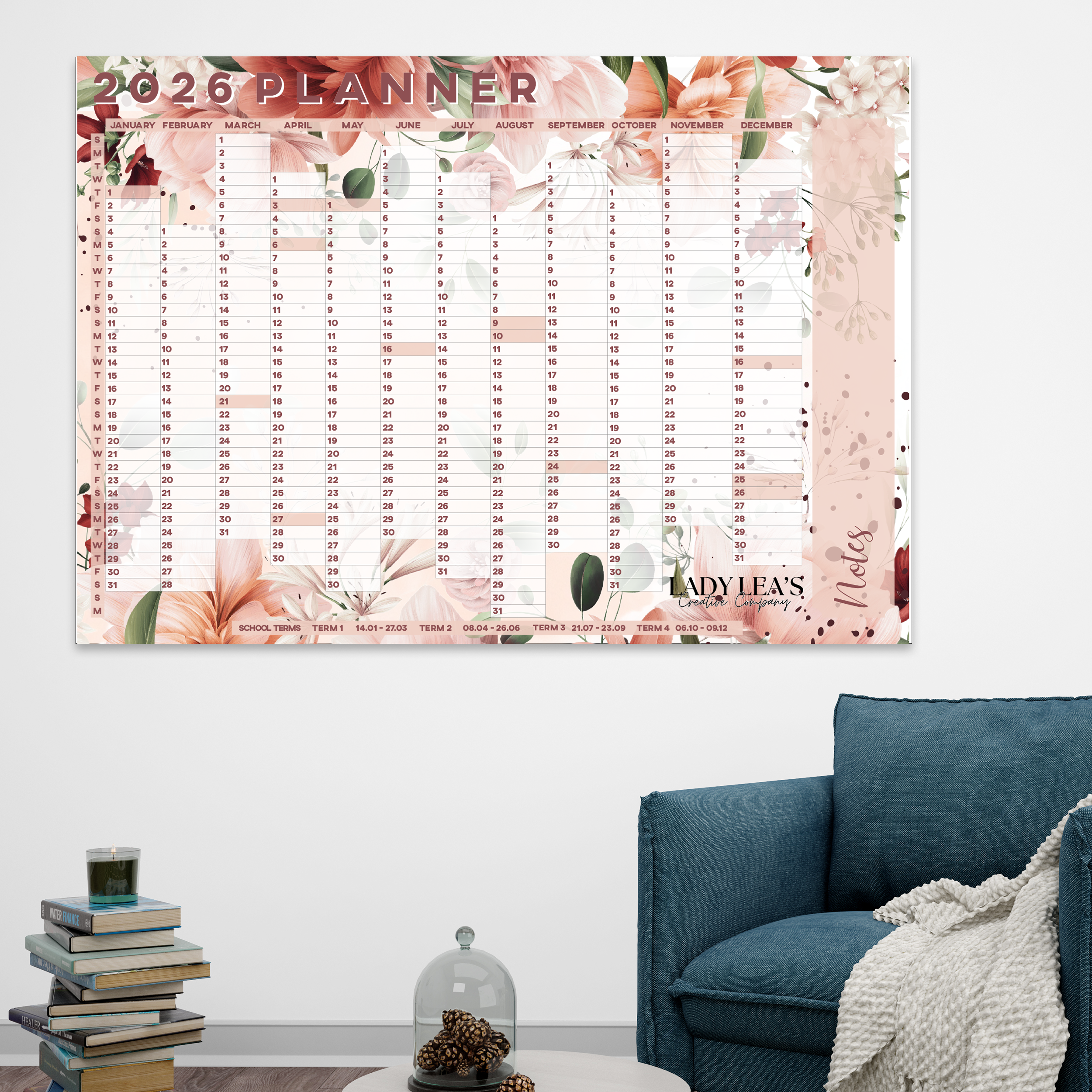 FINE FLORAL RED AND GREEN WALL CALENDAR 2026