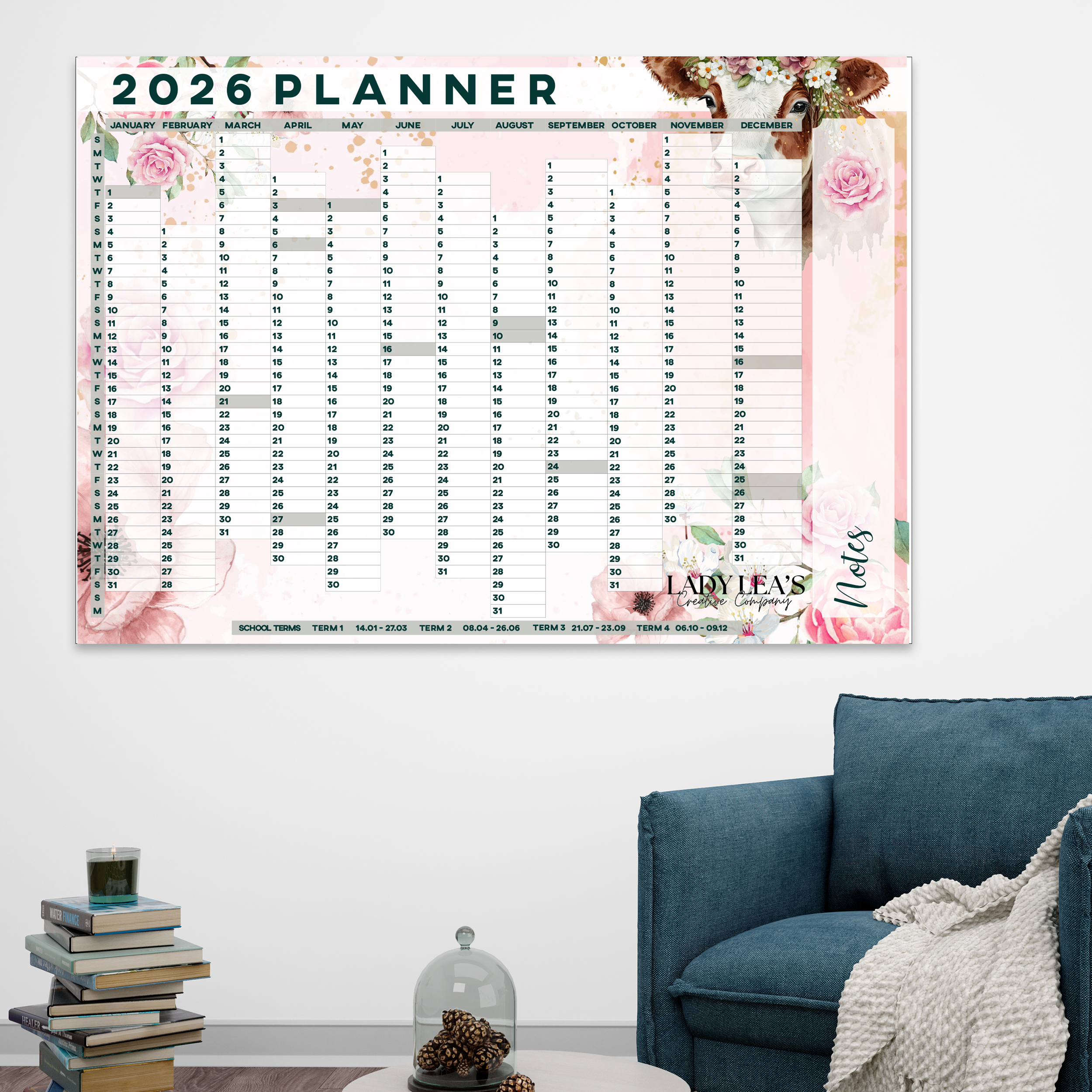 FLORAL COW WALL CALENDAR 2026