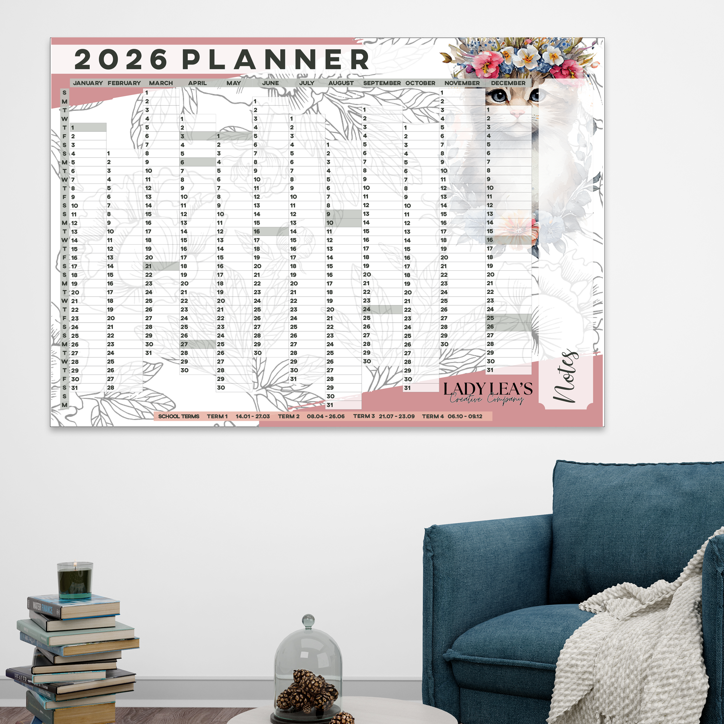 FLORAL KITTEN WALL CALENDAR 2026