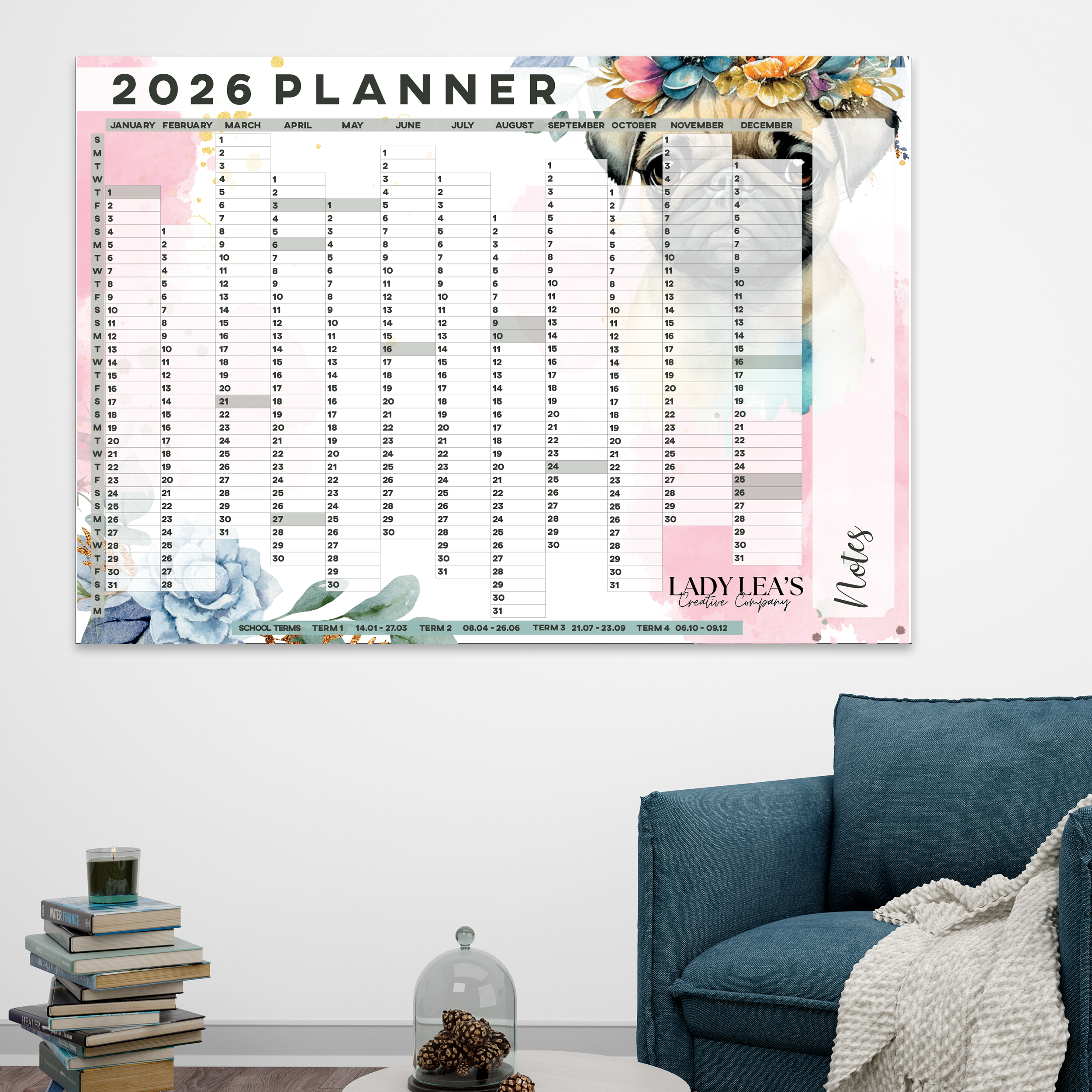 FLORAL PUG WALL CALENDAR 2026