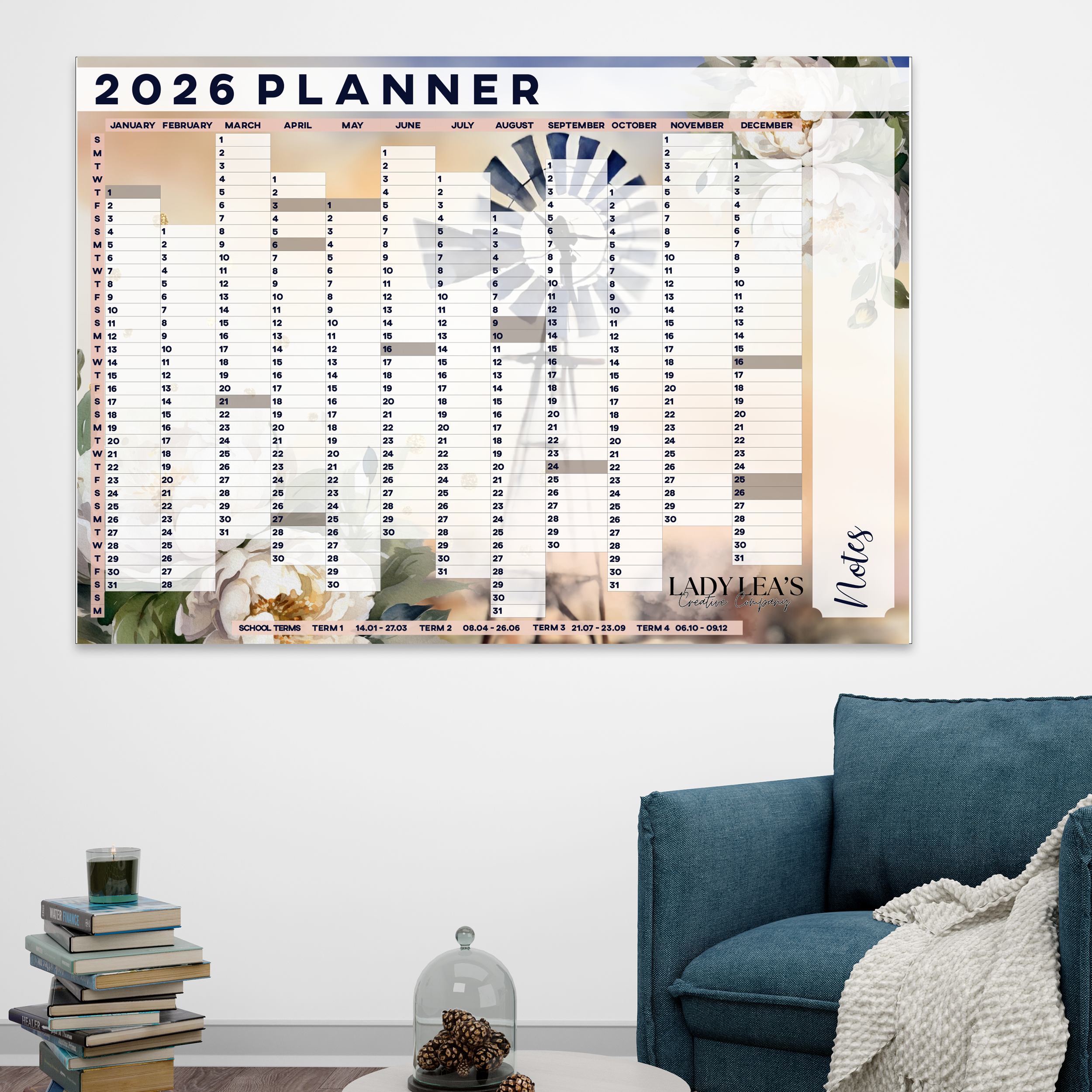 FLORAL WINDPOMP WALL CALENDAR 2026