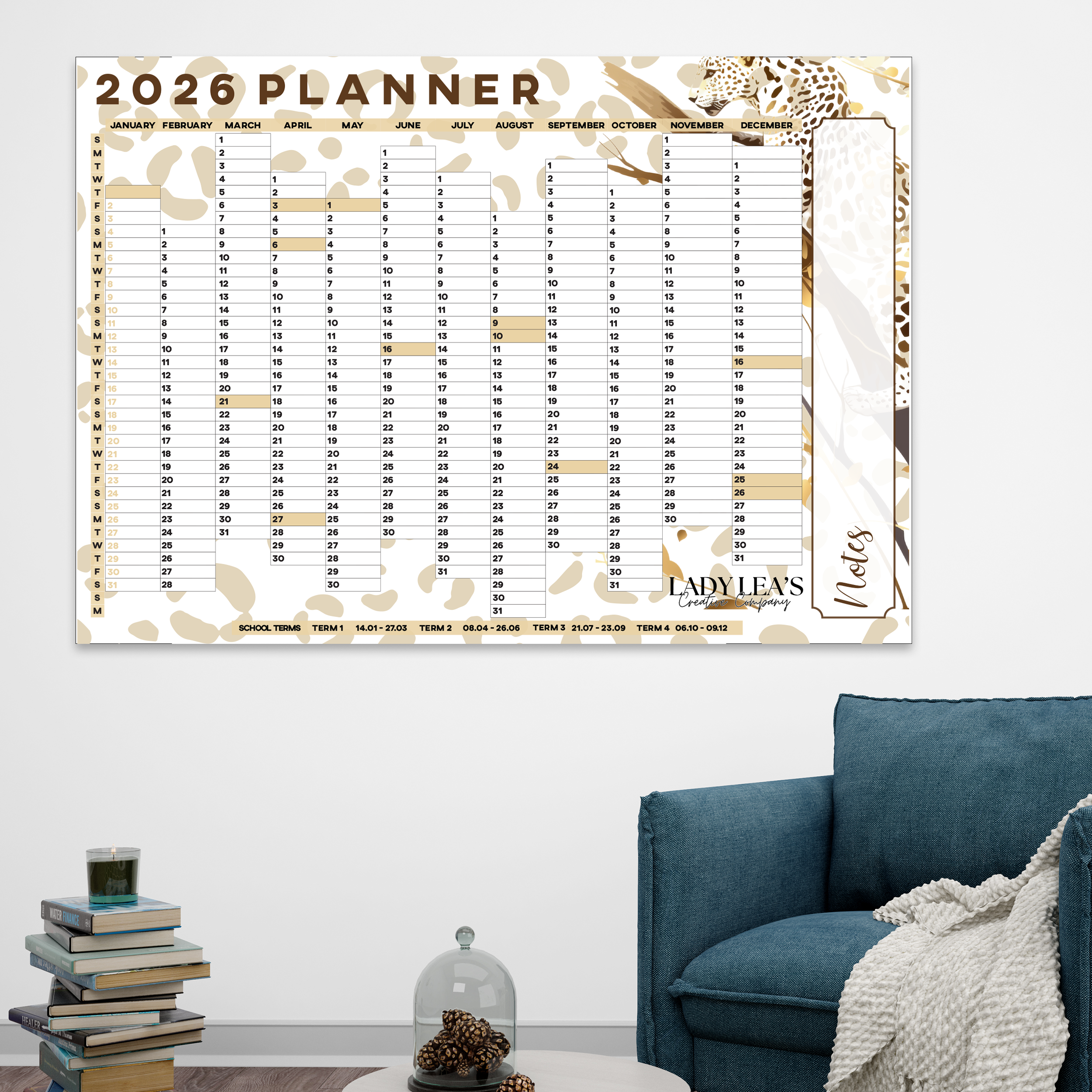 GOLEN LEOPARD WALL CALENDAR 2026