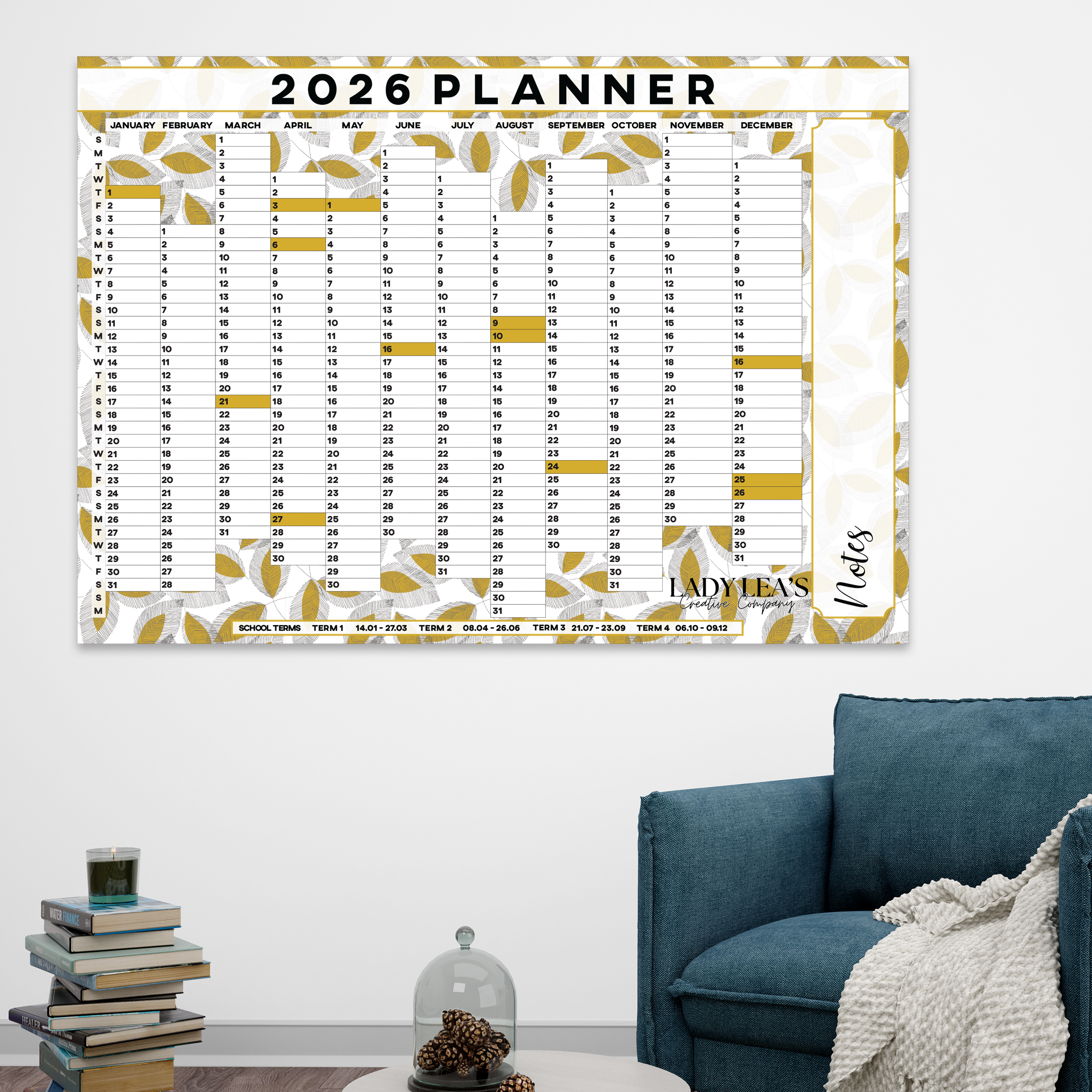 LINE DRAWN LEAVES WALL CALENDAR 2026