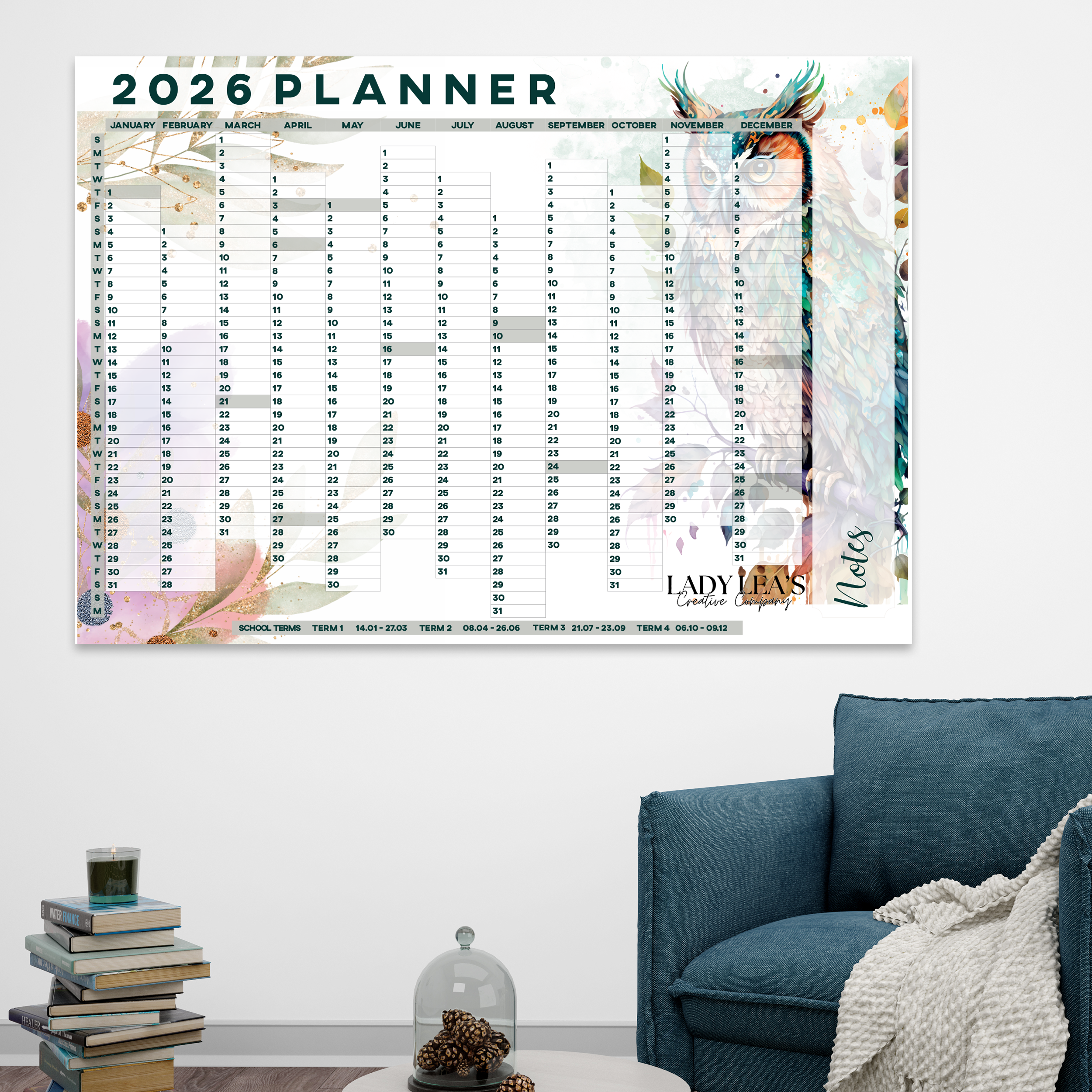 FLORAL OWL WALL CALENDAR 2026