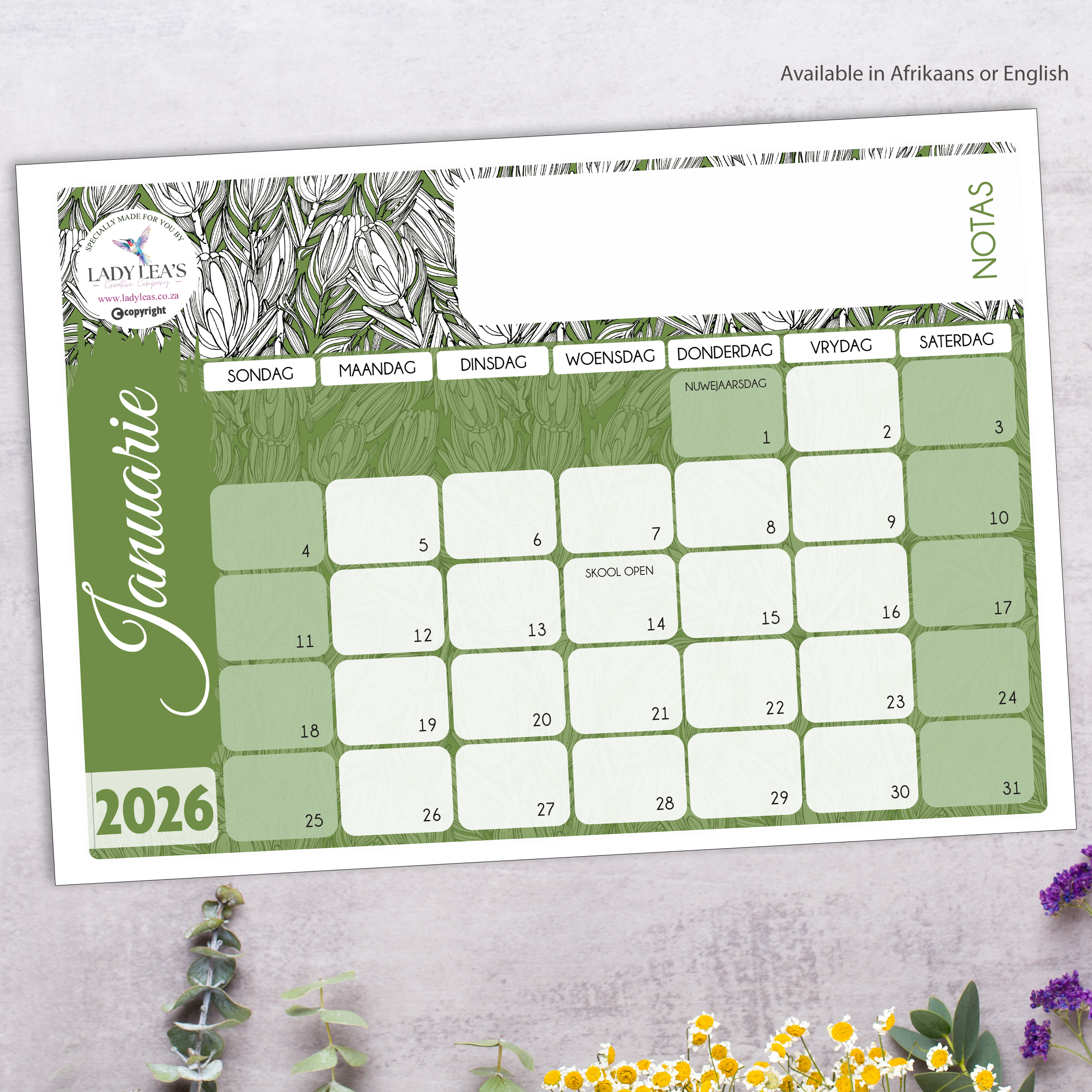 PROTEA GREEN OUTLINE DESKPAD 2026