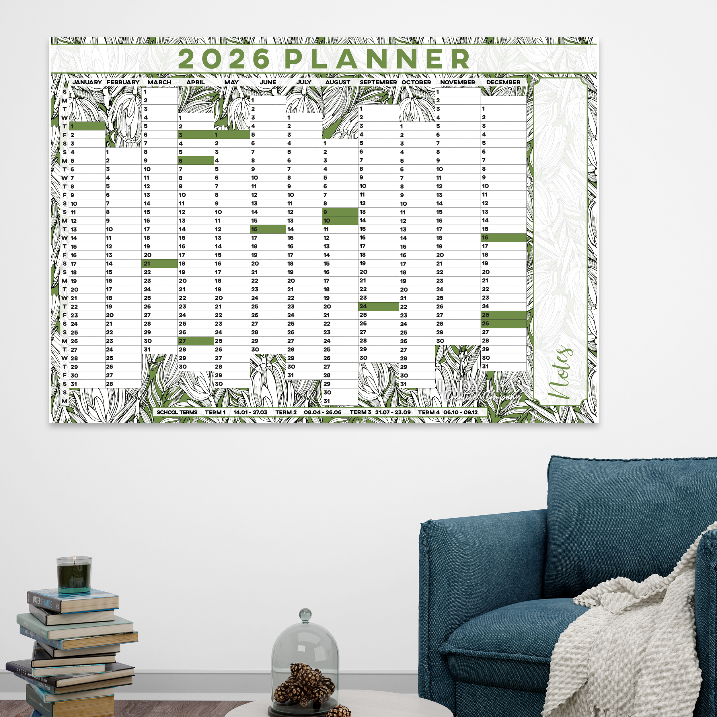 PROTEA GREEN OUTLINE WALL CALENDAR 2026