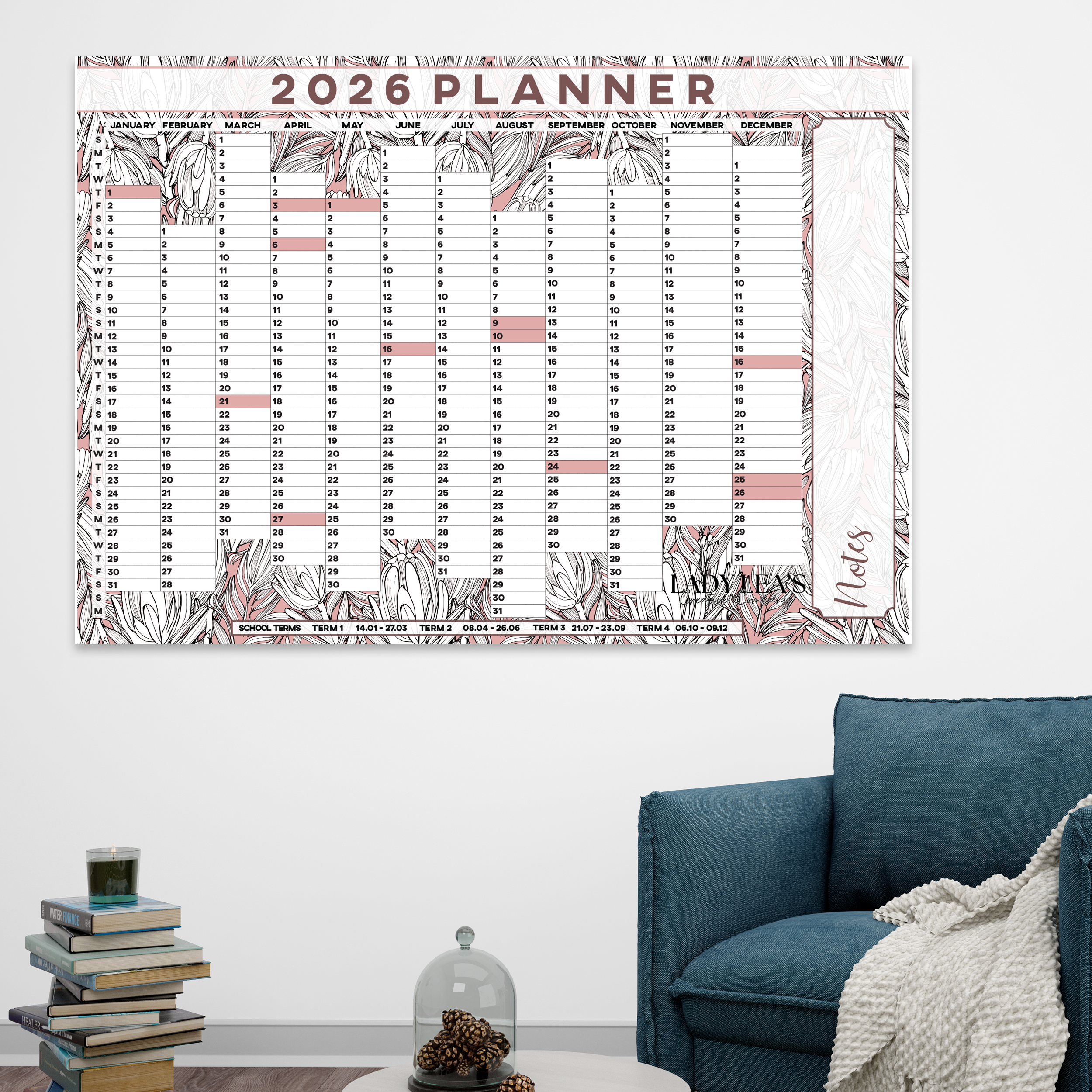 PROTEA PINK OUTLINE WALL CALENDAR 2026