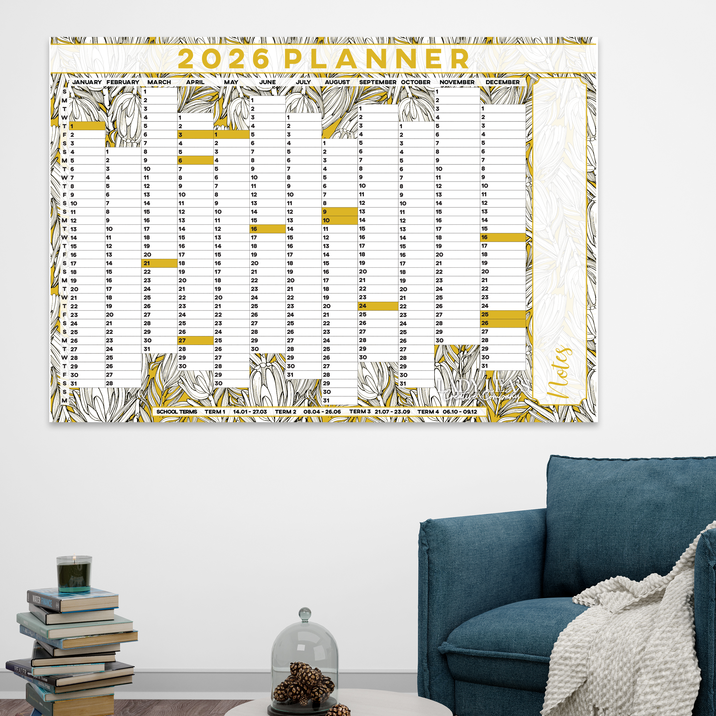 PROTEA YELLOW OUTLINE WALL CALENDAR 2026