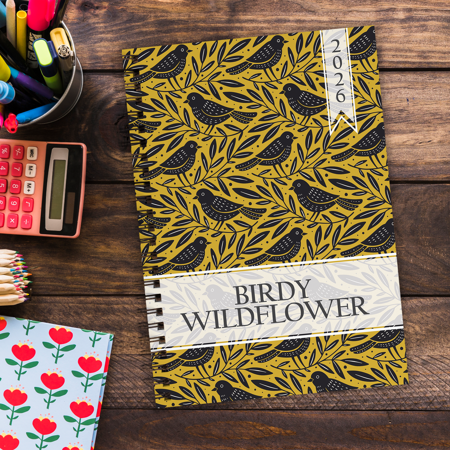 BIRDS PATTERN MUSTARD TEACHER PLANNER 2026