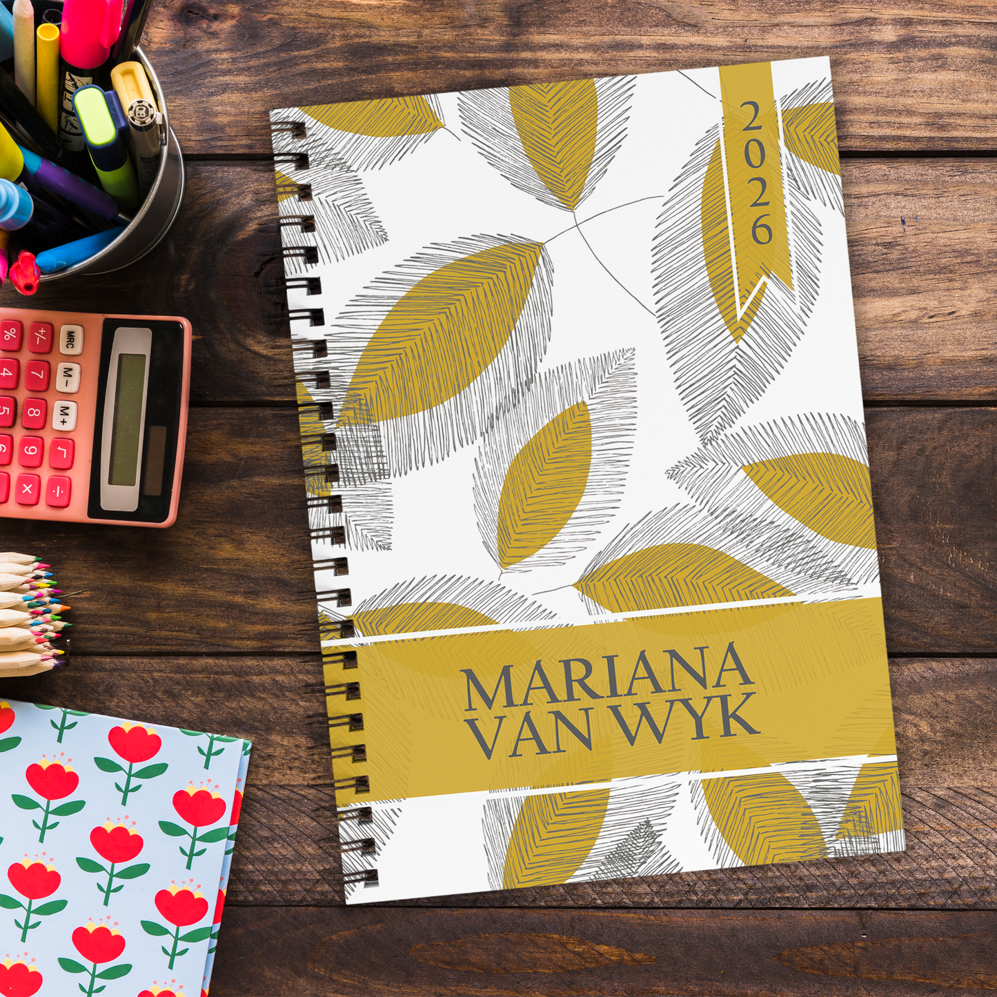 LINE DRAWN LEAVES MUSTARD TEACHER PLANNER 2026