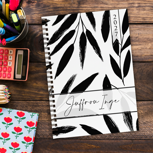 Teacher planner with black leaf pattern and '2027' 