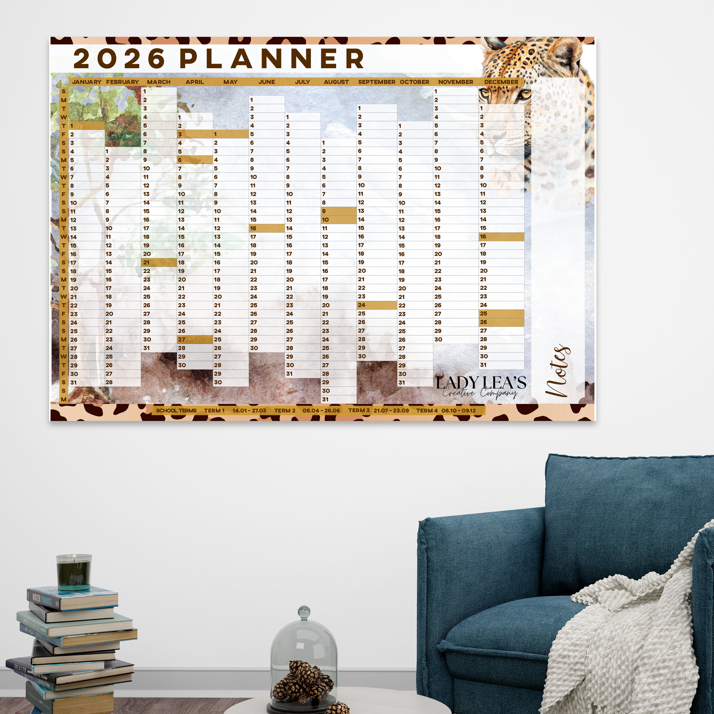 WATERCOLOR LEOPARD WALL CALENDAR 2026