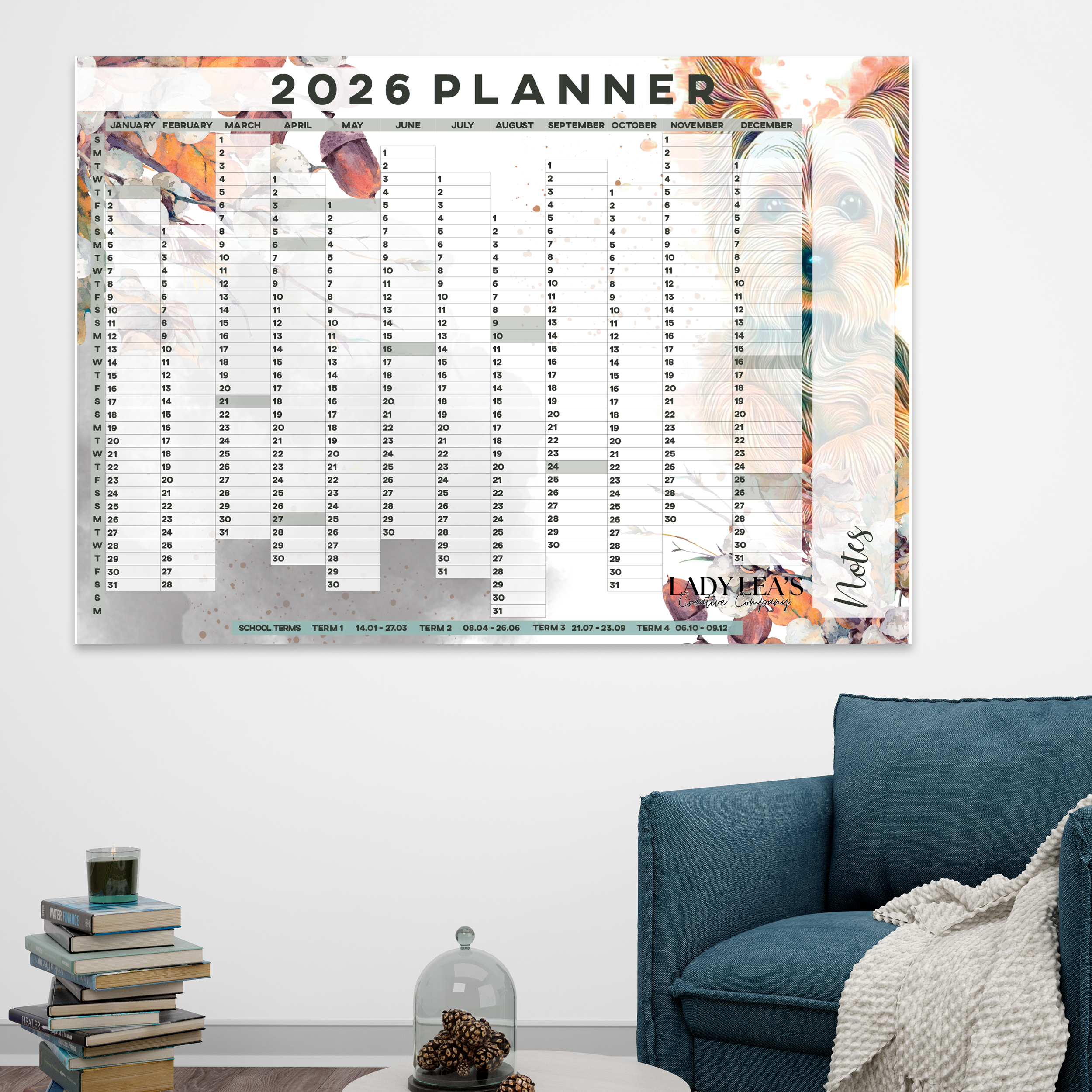 YORKIE GOLDEN WALL CALENDAR 2026