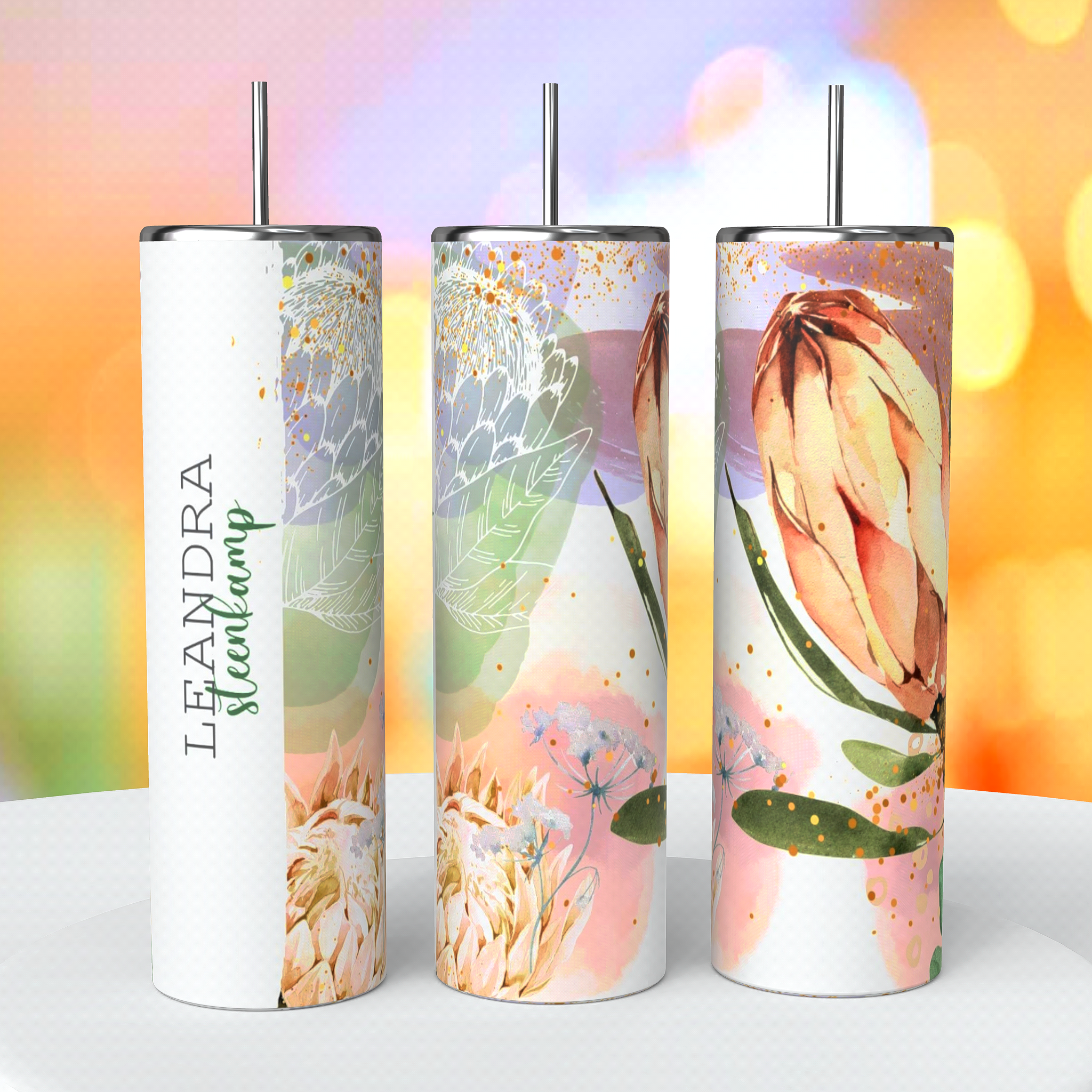 Floral Protea Gold Skinny Tumbler